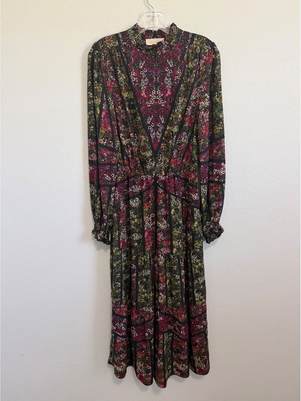 CABALLERO Long Sleeve Ruffled Zip Neck Floral Tiered Midi Dress Women's Size S